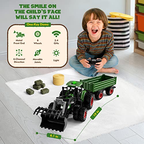 Remote Control Tractor Toy, Kids RC Tractor Set, Truck and Trailer Front Loader, Metal Car Head, 8 Wheel, Light Q938474