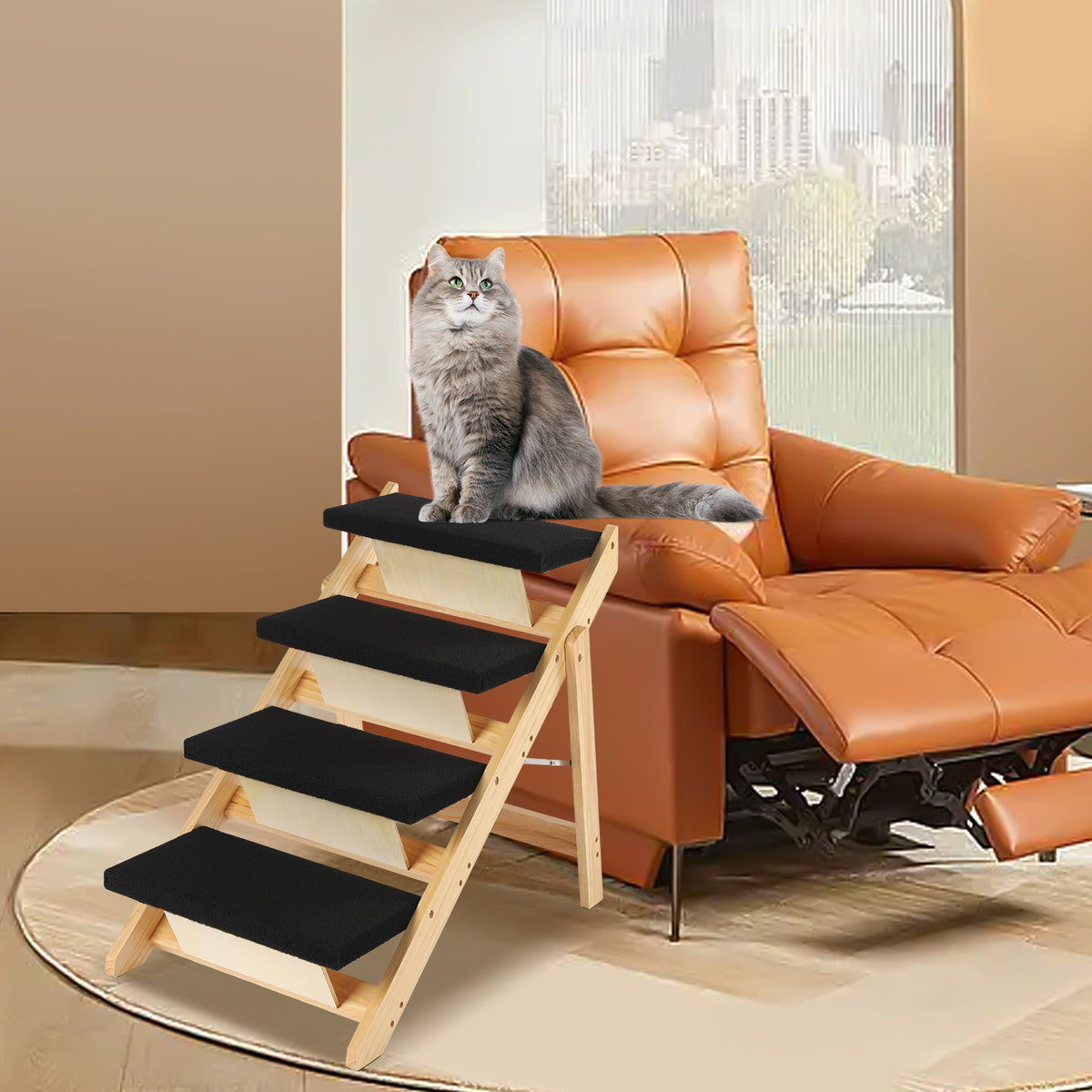 Pet Stairs Foldable Pine Wood Natural Black C967