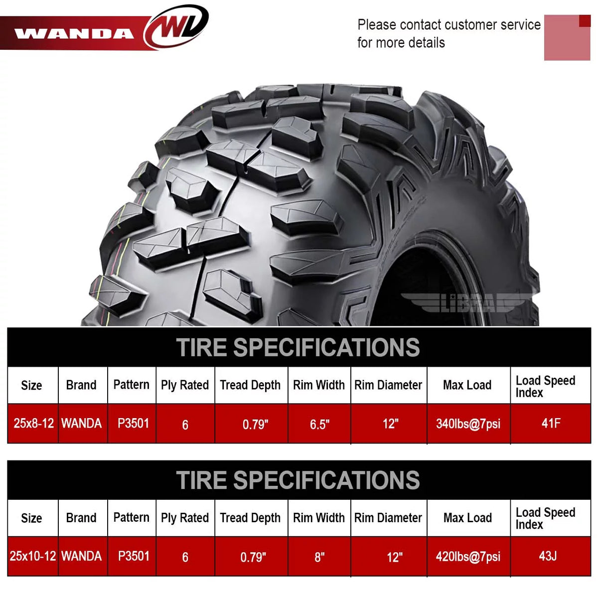 25x8-12 Front & 25x10-12 Rear 6PR ATV/UTV Tires Set 4 Z748