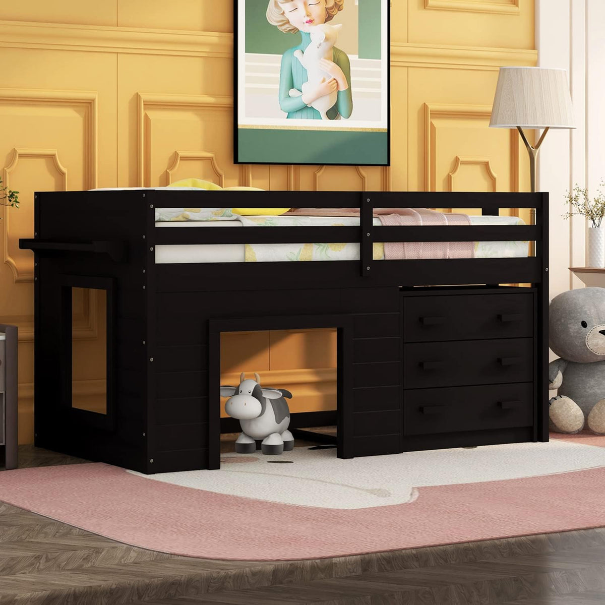 White Wood Twin Loft Bed with Storage Drawers A145