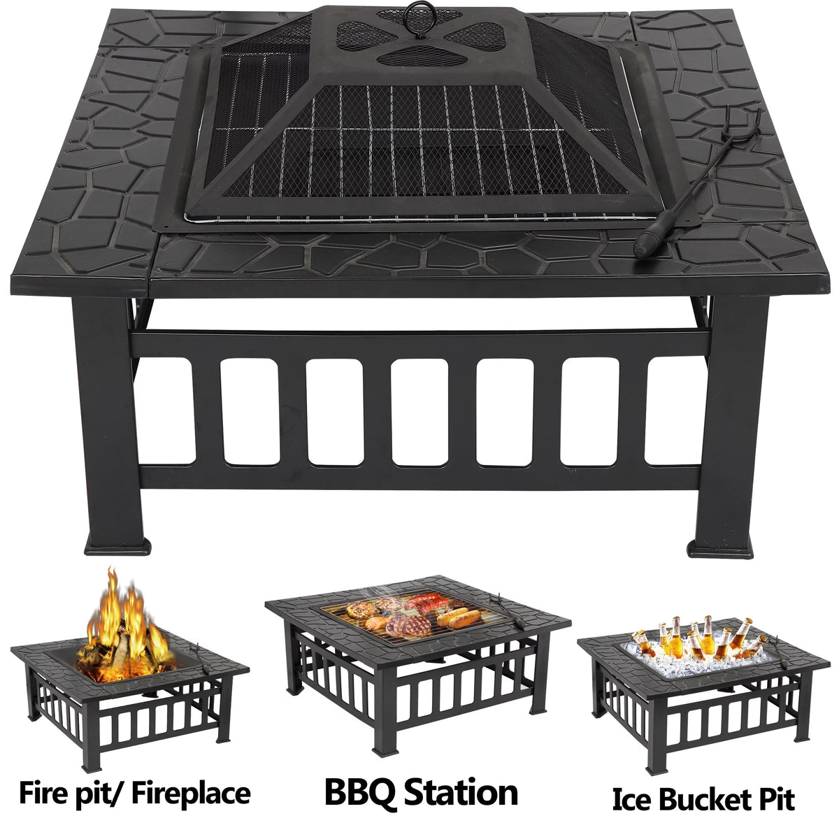 32 Outdoor Wood Burning Fire Pit Square Metal Stove S747946