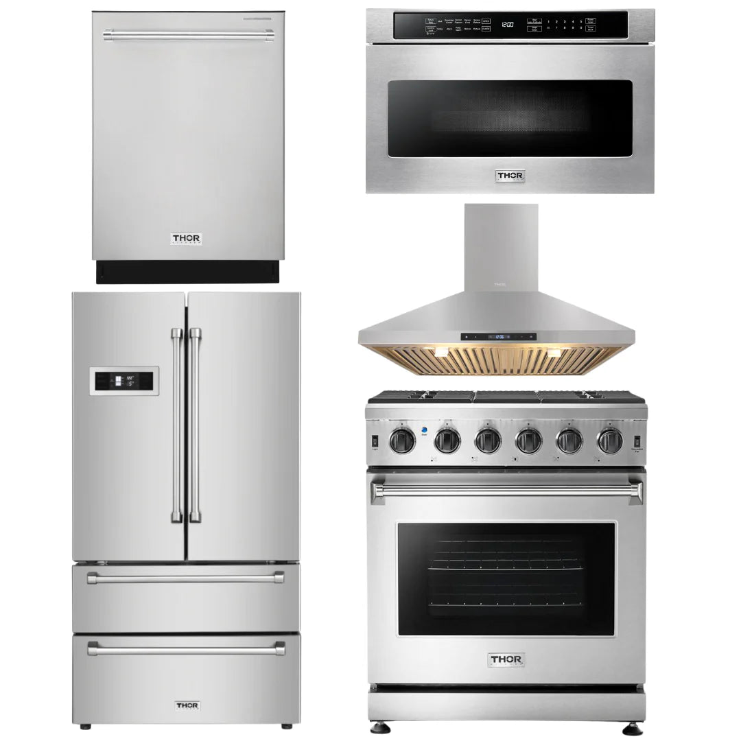 30 Propane Gas Range, Range Hood, Microwave, Refrigerator, Dishwasher J76789