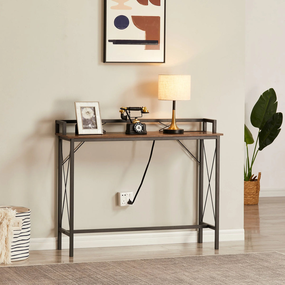 39.4" Console Table with 2 Outlet and 2 USB Ports, Industrial Style Sofa Table, Brown R5120