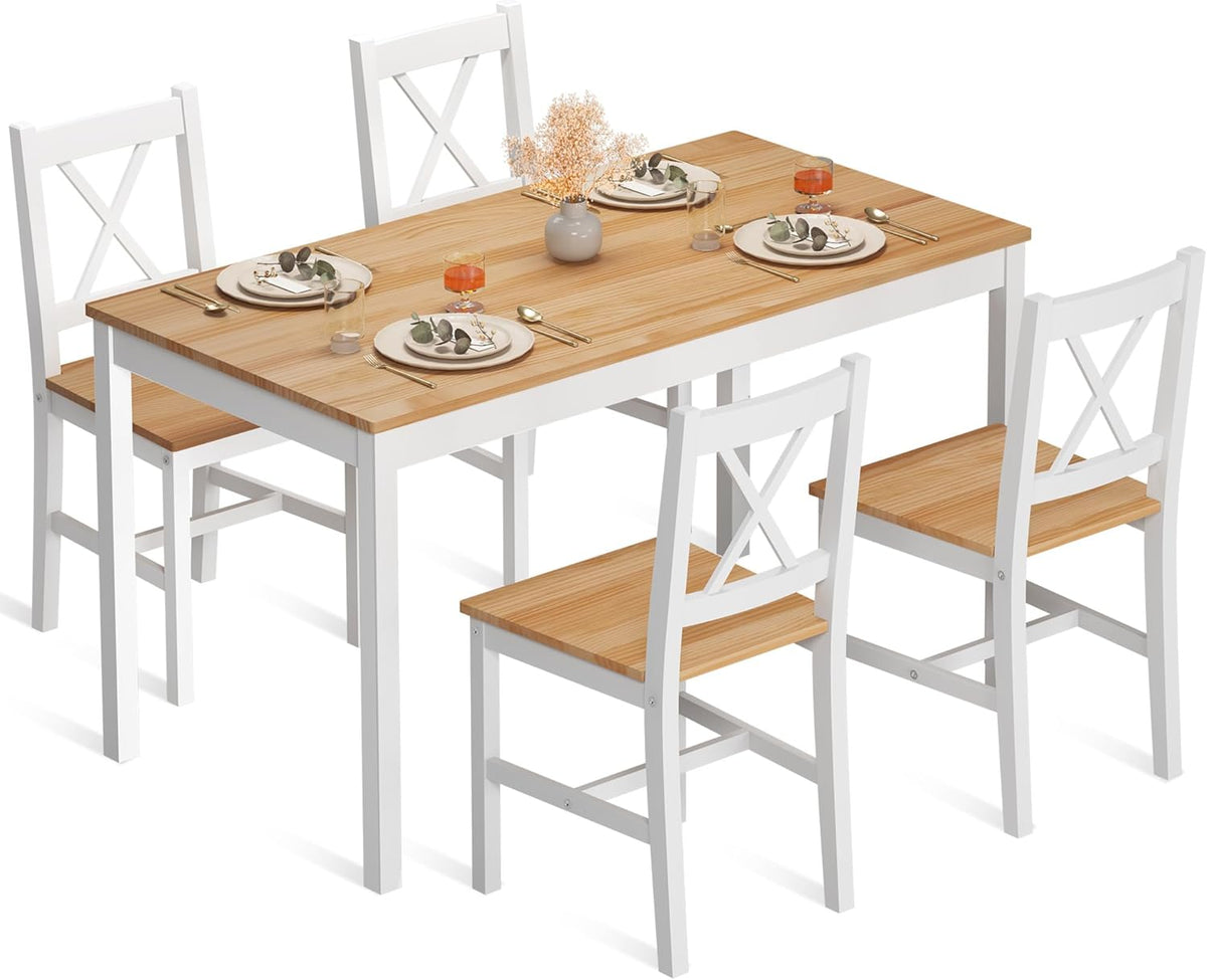 5 Piece Pine Wood Dining Table Set with 4 Chairs T457