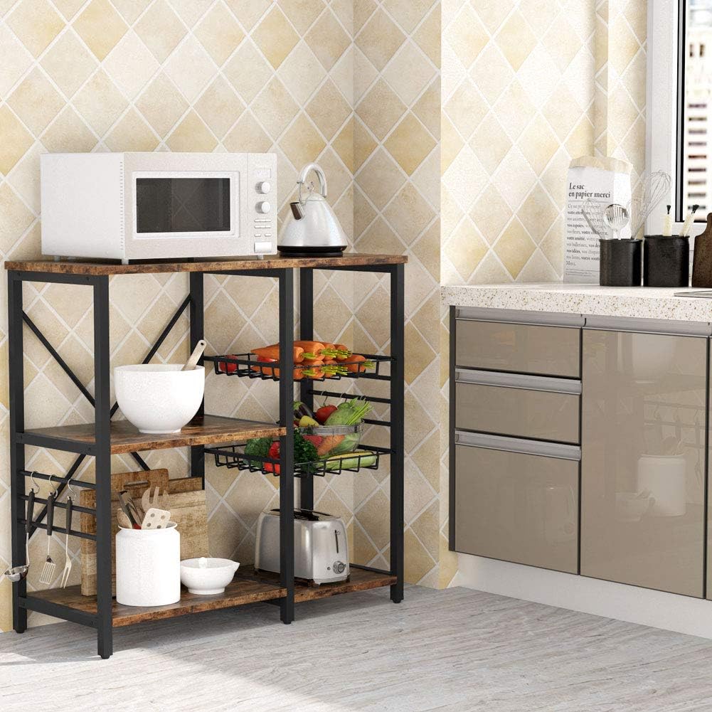 Kitchen Cart Microwave Oven Stand Utility Storage Shelf with Wire Basket and 6 Hooks Z25709