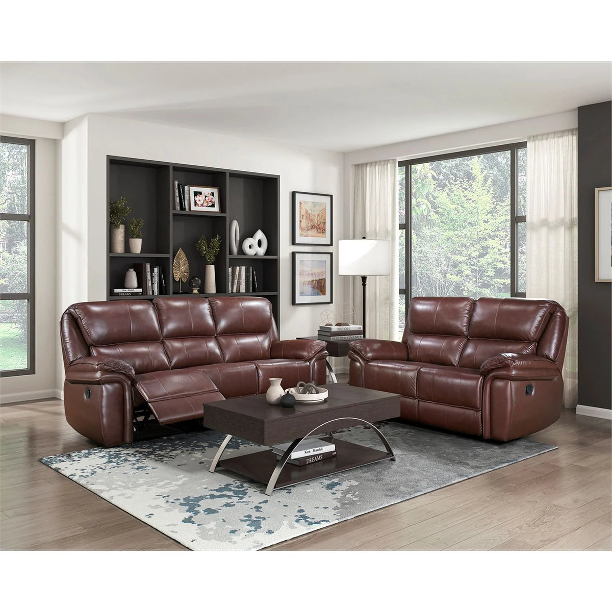 Brown Leather Match Double Reclining Love Seat Y5636