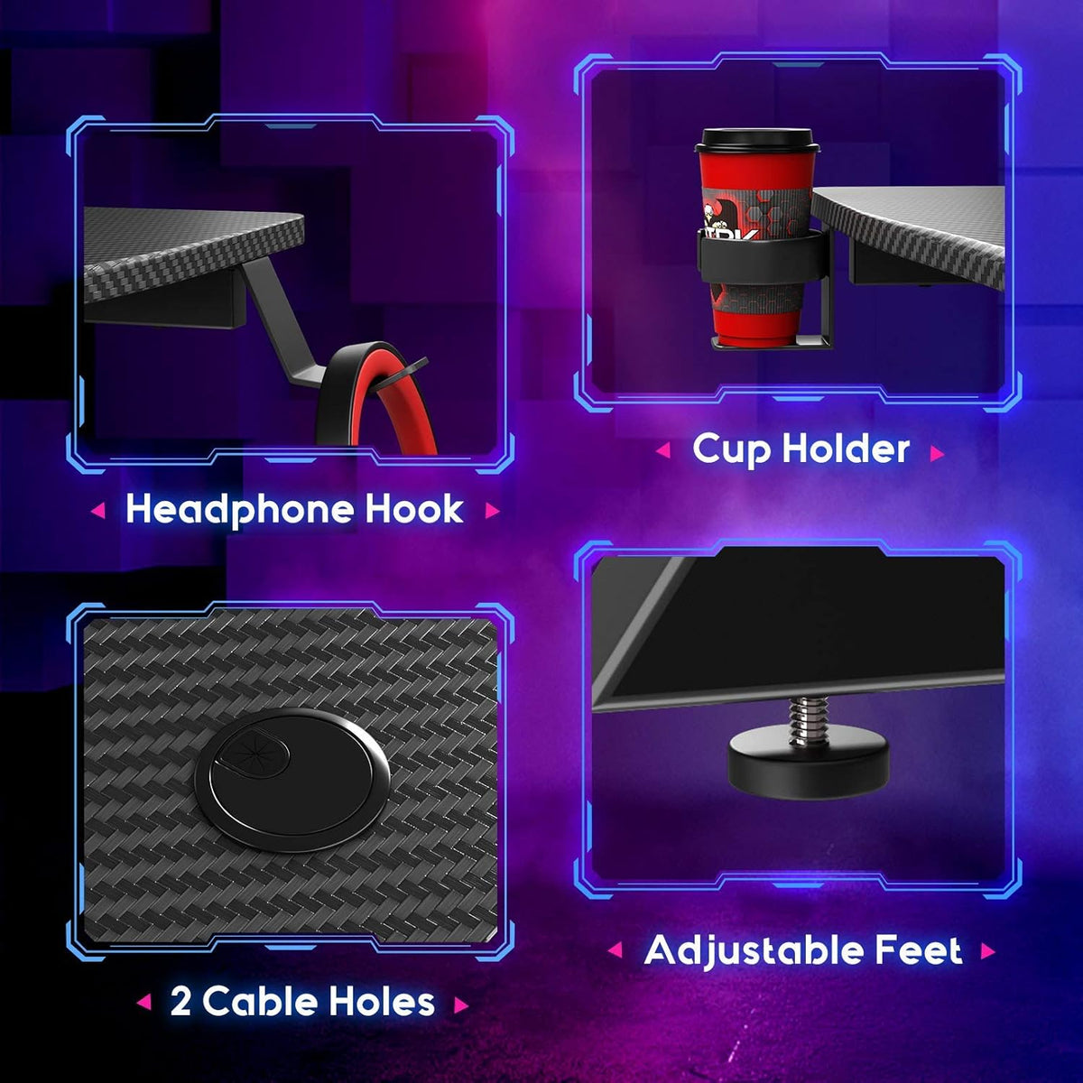31 inch Gaming Desk with Carbon Fiber Surface and Headphone Hook and Cup Holder S729333