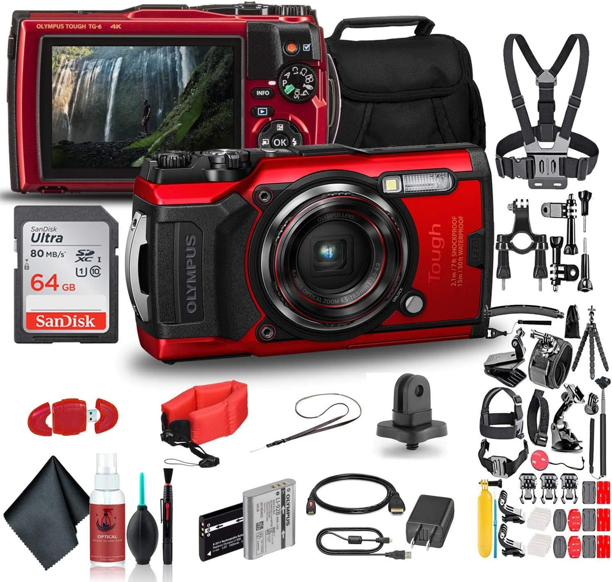 Red Waterproof Camera Action Bundle with 50 Piece Accessory Kit V70310