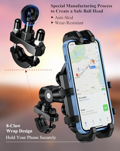 Motorcycle Phone Holder with Vibration Dampener, Adjustable Handlebar Cradle Fit 5.4''-7.2'' Smartphone A11944