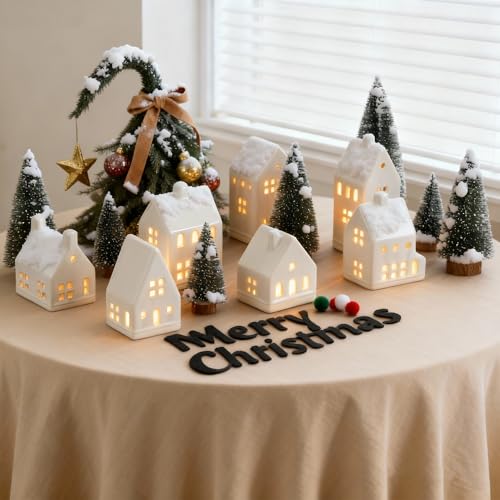 White Ceramic Christmas Village Set with LED Tea Lights and Mini Trees T730