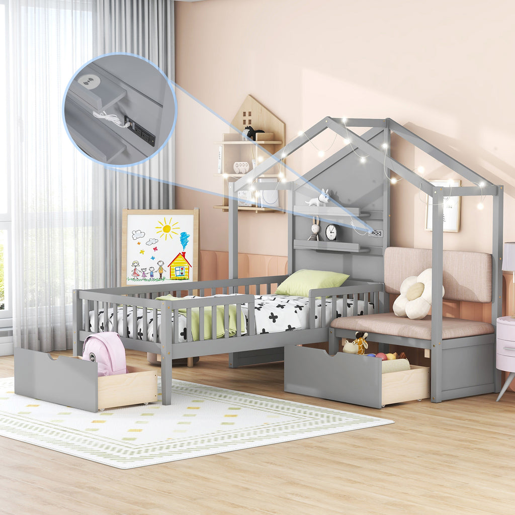 Twin Size House Bed with Upholstered Sofa, Charging Station, Shelves and Two Drawers, Gray Y778429