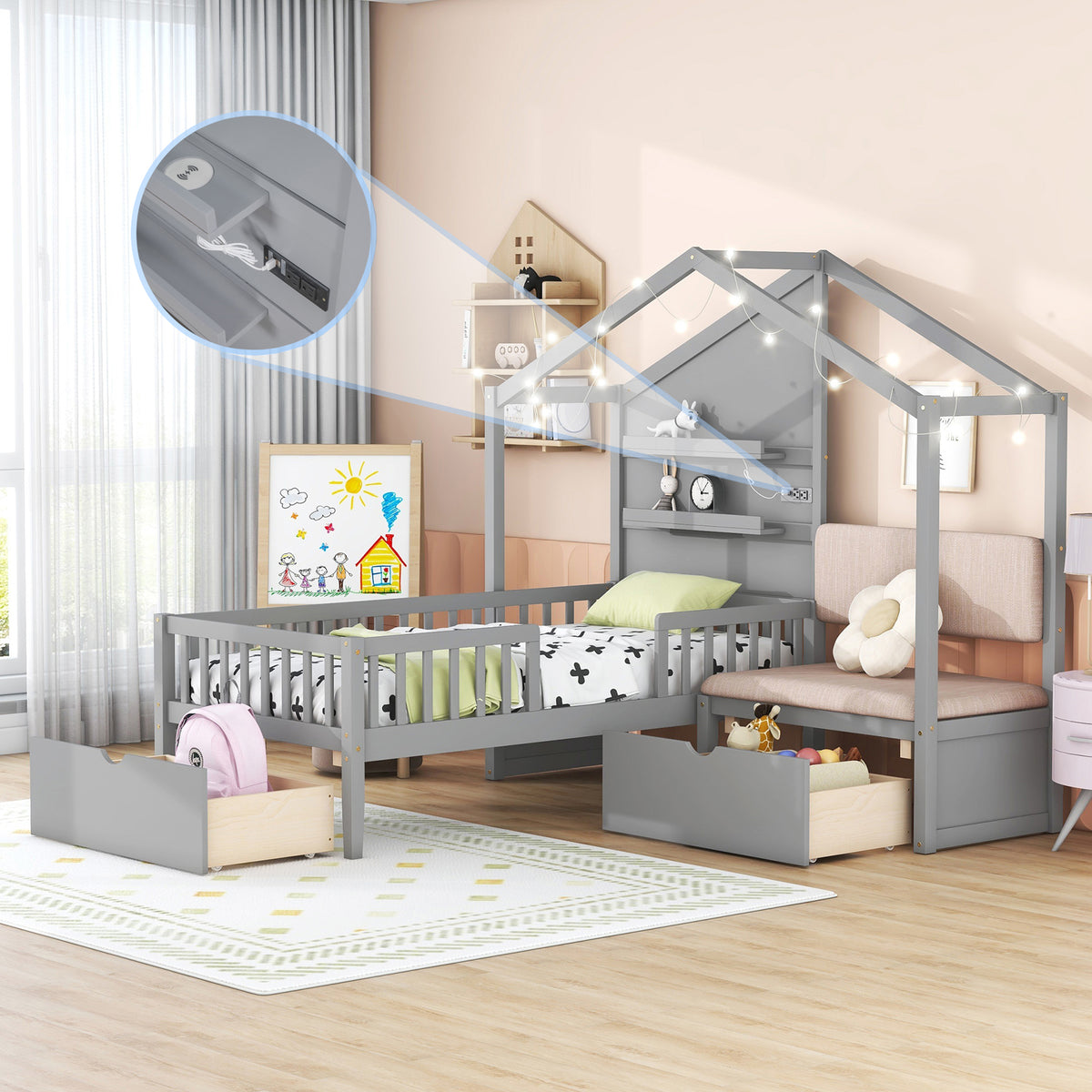 Twin Size House Bed with Upholstered Sofa, Charging Station, Shelves and Two Drawers, Gray Y778429