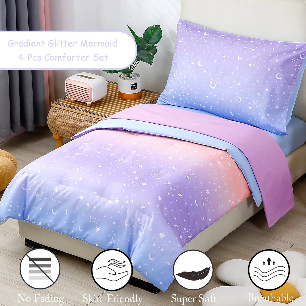 4-Pcs Toddler Bedding Set Microfiber Purple Orange J3304