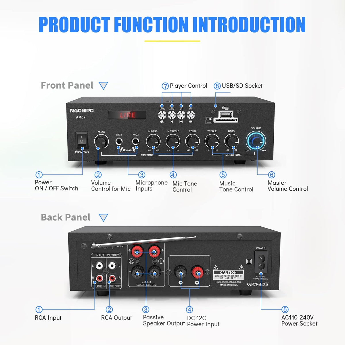 300Watts Bluetooth 5.0 Class AB Stereo Audio Receiver Amplifier 2 Channel Power Amp Pack of 2 V681