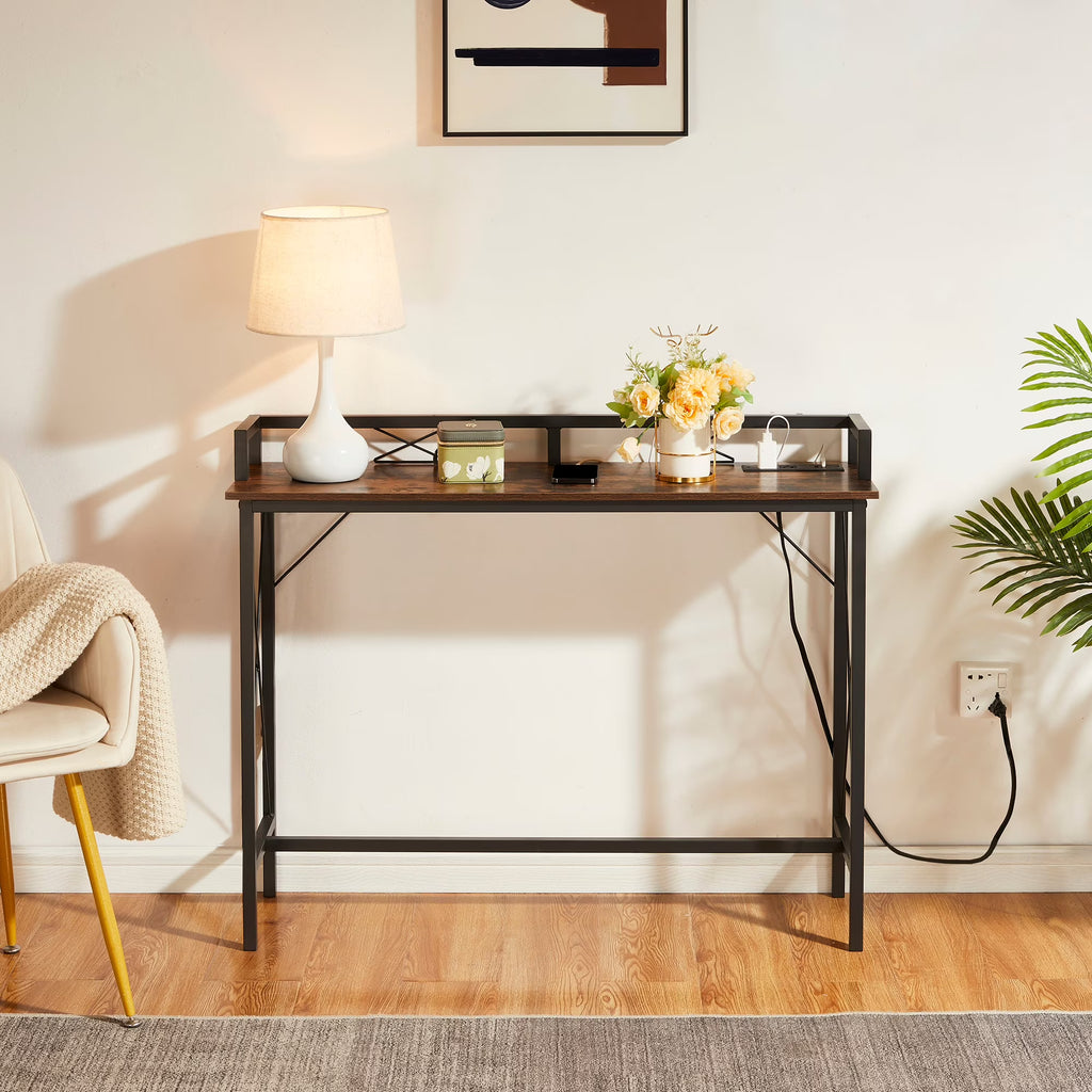 39.4" Console Table with 2 Outlet and 2 USB Ports, Industrial Style Sofa Table, Brown R5120