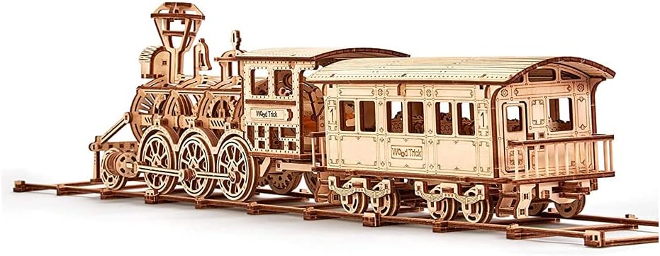Wooden Toy Train Set with Railway - 34x7″ - Mechanical Model Kit - 3D Wooden Puzzle - DIY Toy Pack of 2 B93993