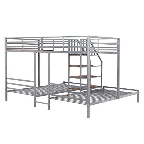 Full-Over-Twin-Twin Solid Wood Triple Bunk Bed with Wardrobe and Mirror (Grey) G25117