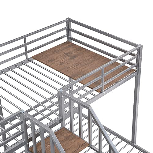 Full-Over-Twin-Twin Solid Wood Triple Bunk Bed with Wardrobe and Mirror (Grey) G25117