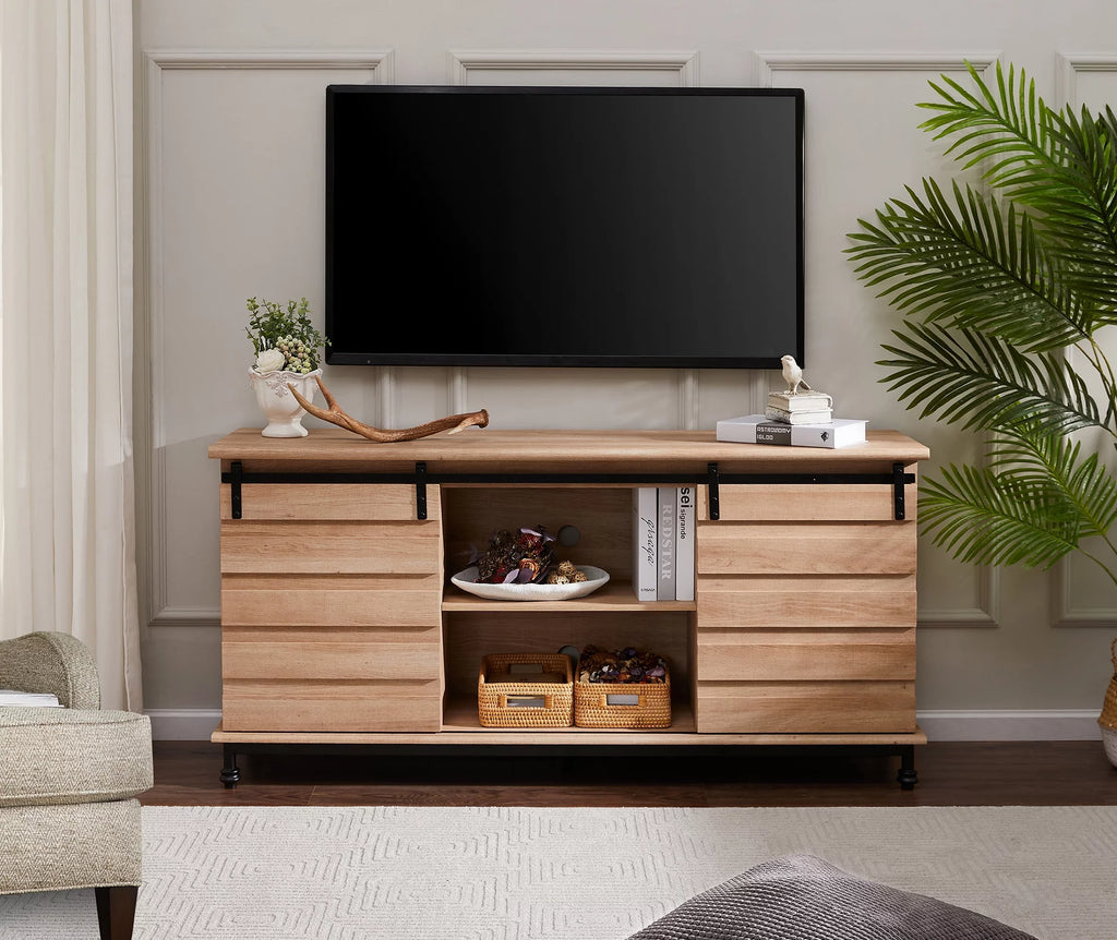 Light Brown TV Stand with Sliding Barn Door T7600