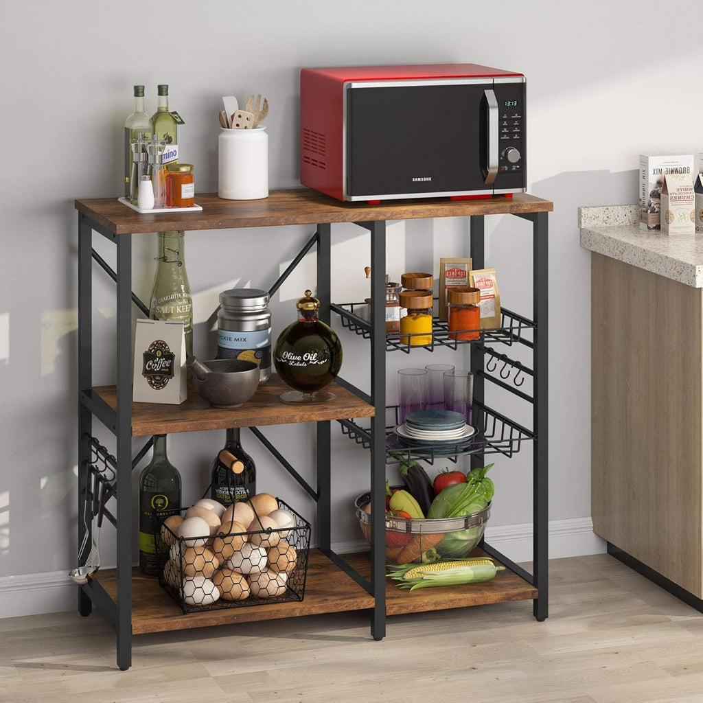 Kitchen Cart Microwave Oven Stand Utility Storage Shelf with Wire Basket and 6 Hooks Z25709
