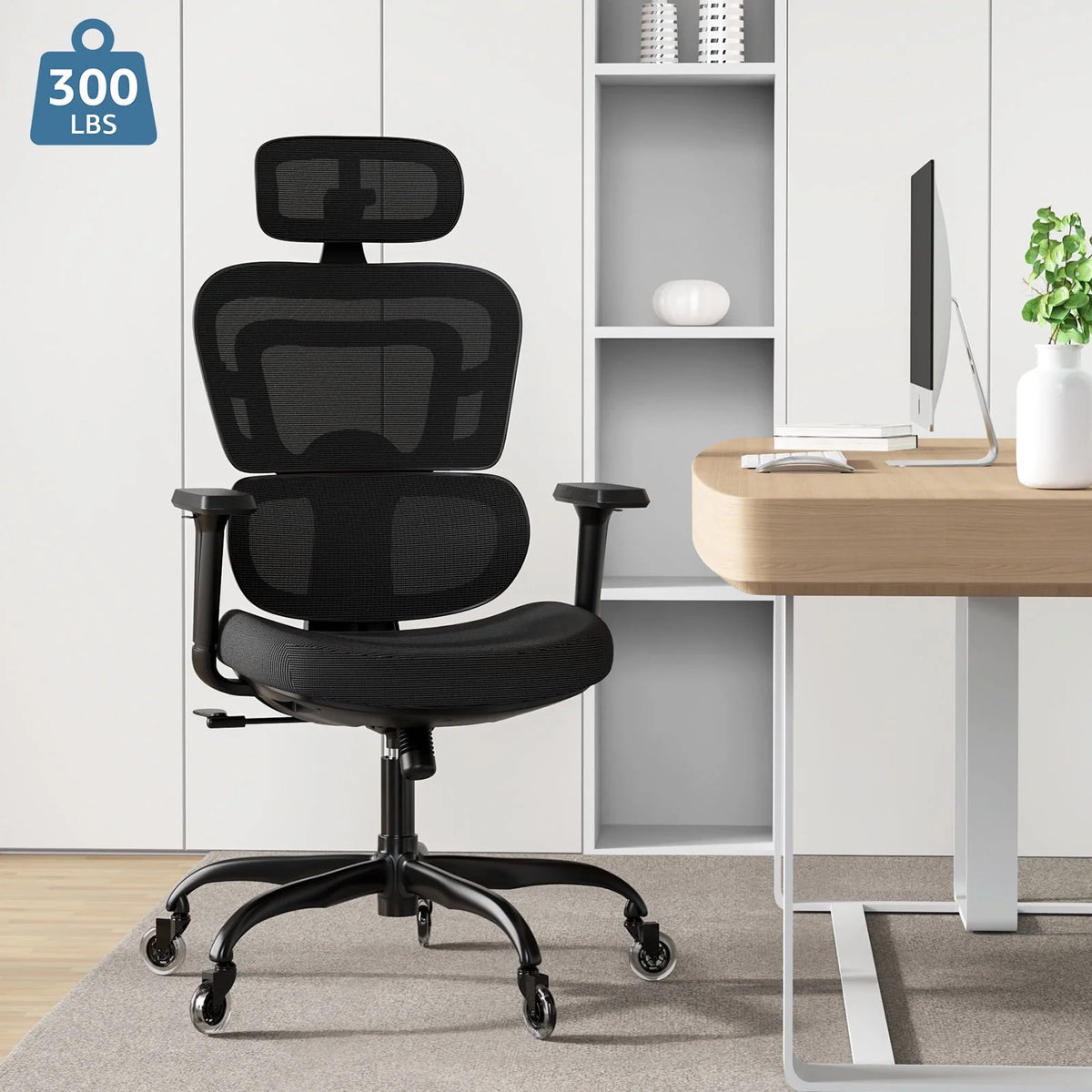 Ergonomic Mesh Office Chair with Lumbar Support and Wheels, Black V956362