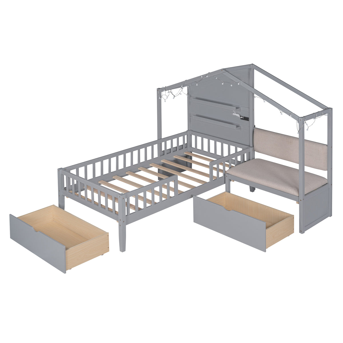 Twin Size House Bed with Upholstered Sofa, Charging Station, Shelves and Two Drawers, Gray Y778429