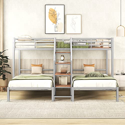 Full-Over-Twin-Twin Solid Wood Triple Bunk Bed with Wardrobe and Mirror (Grey) G25117