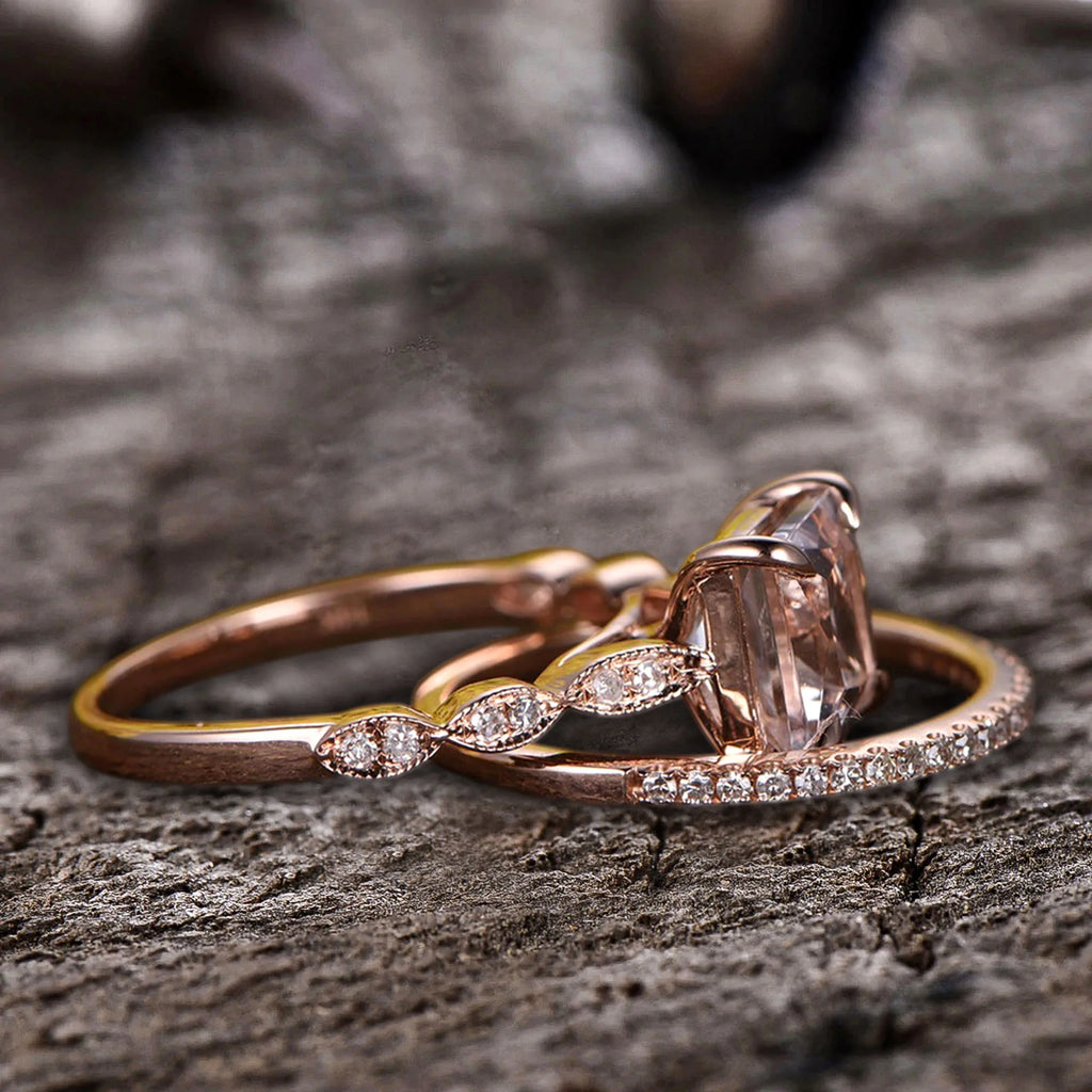 10k Rose Gold Morganite Diamond Moissanite Wedding Set S659
