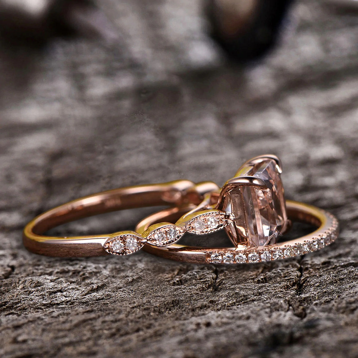 10k Rose Gold Morganite Diamond Moissanite Wedding Set S659