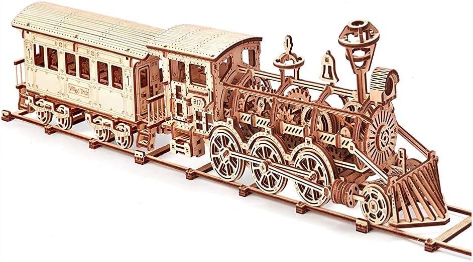 Wooden Toy Train Set with Railway - 34x7″ - Mechanical Model Kit - 3D Wooden Puzzle - DIY Toy Pack of 2 B93993