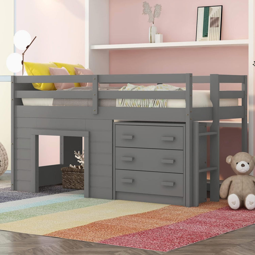White Wood Twin Loft Bed with Storage Drawers A145