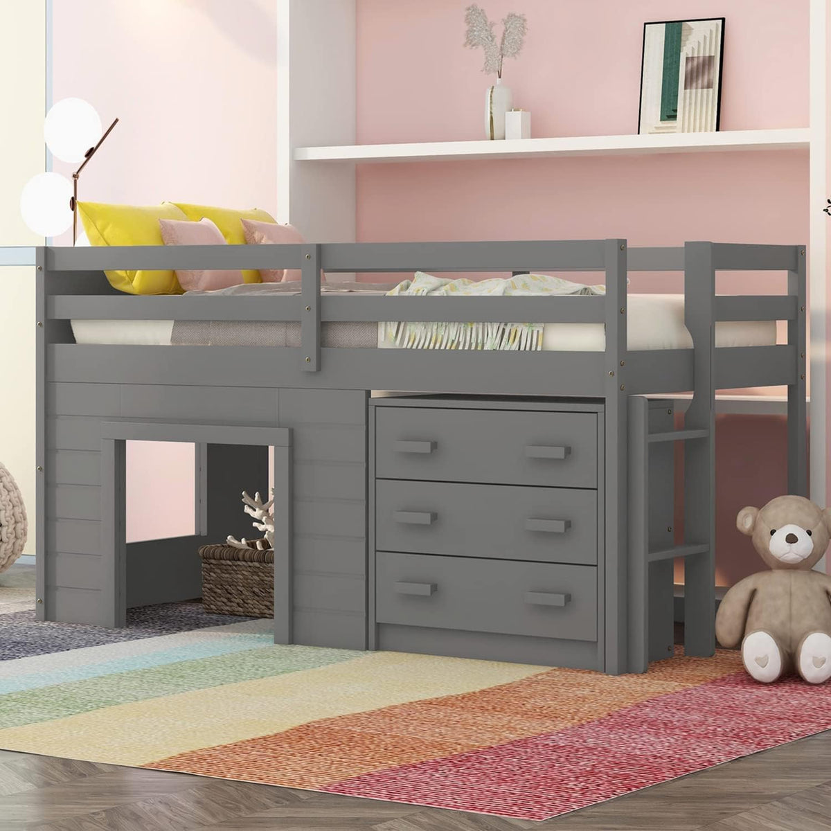 White Wood Twin Loft Bed with Storage Drawers A145
