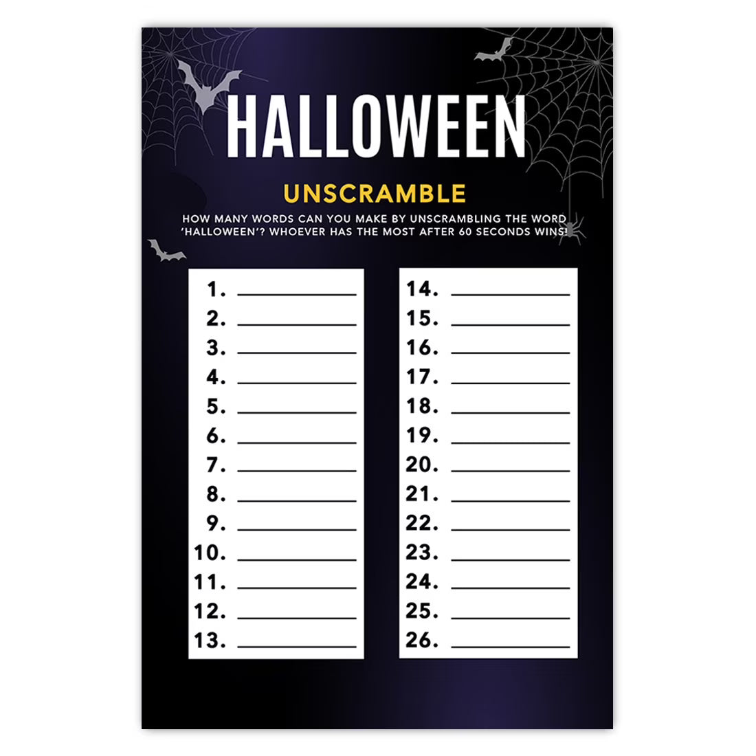 Halloween Party Game Cards, Bats & Spiders Themed, Pk-24 F819626