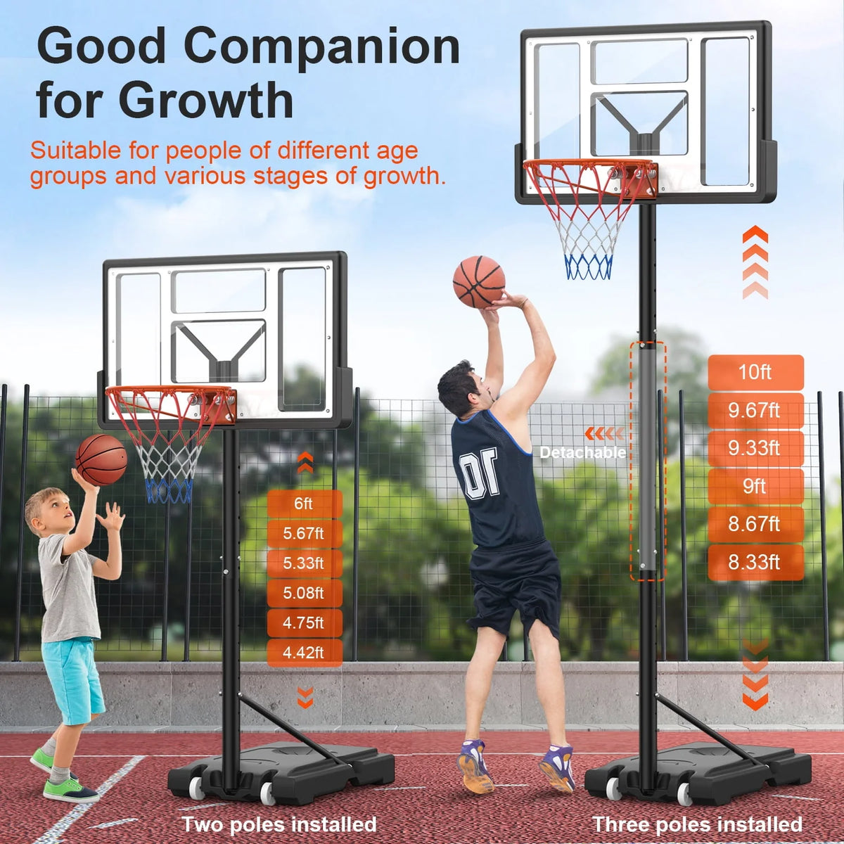 Height Adjustable Portable Basketball Hoop with Shatterproof PVC Backboard and 18 Rim A2259