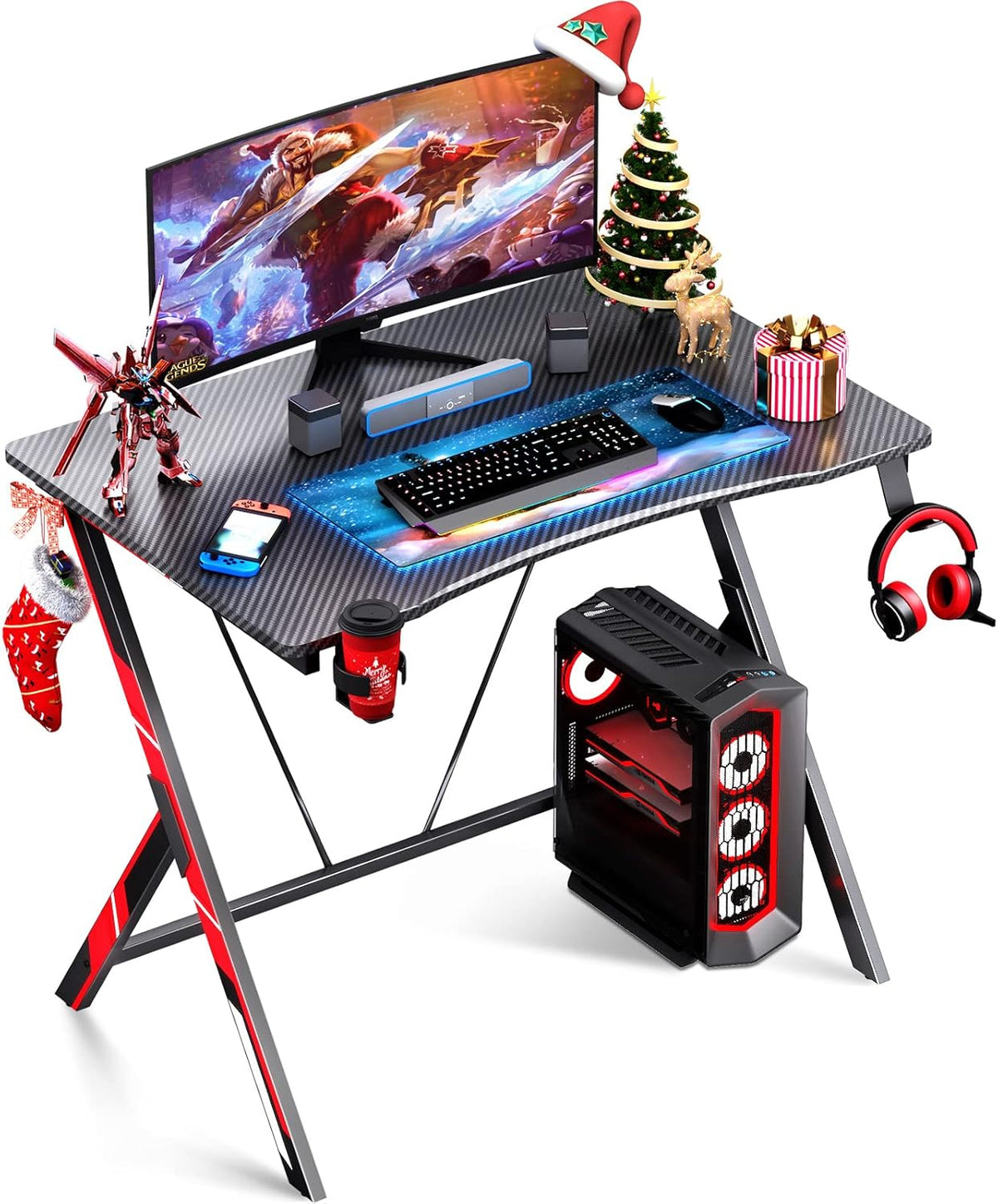 31 inch Gaming Desk with Carbon Fiber Surface and Headphone Hook and Cup Holder S729333
