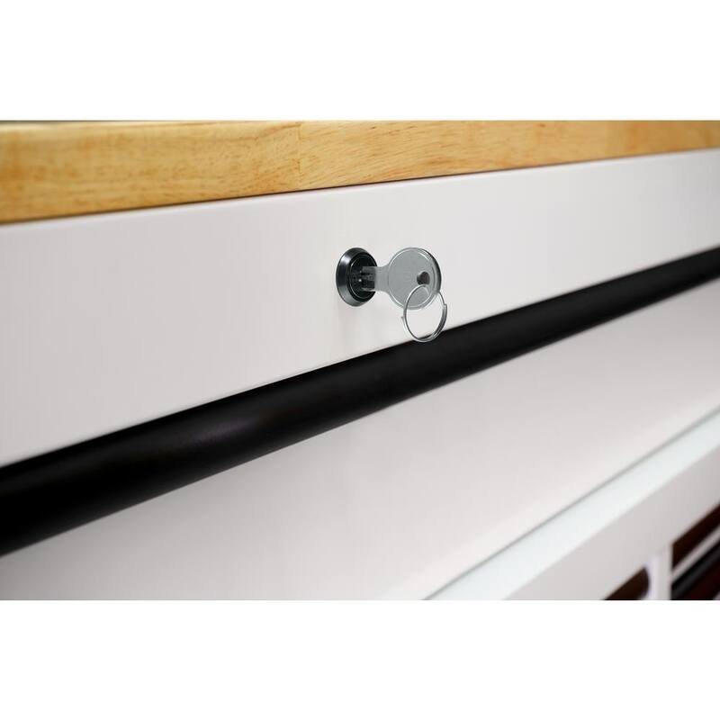 72 in. Heavy Duty Matte White Mobile Workbench Cabinet with Wood Top B472388
