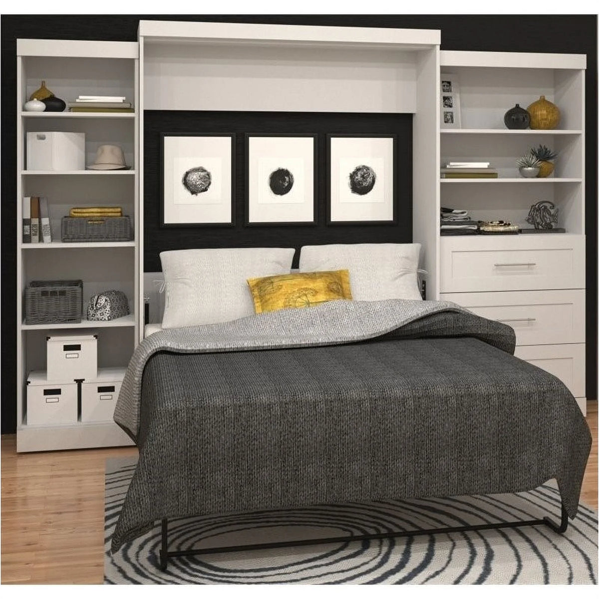 White Wood Queen Storage Wall Bed I599