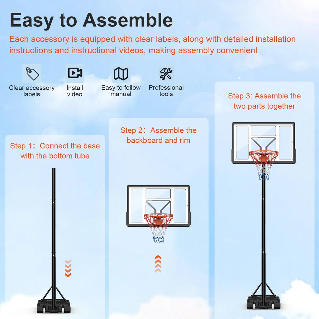 Height Adjustable Portable Basketball Hoop with Shatterproof PVC Backboard and 18 Rim A2259