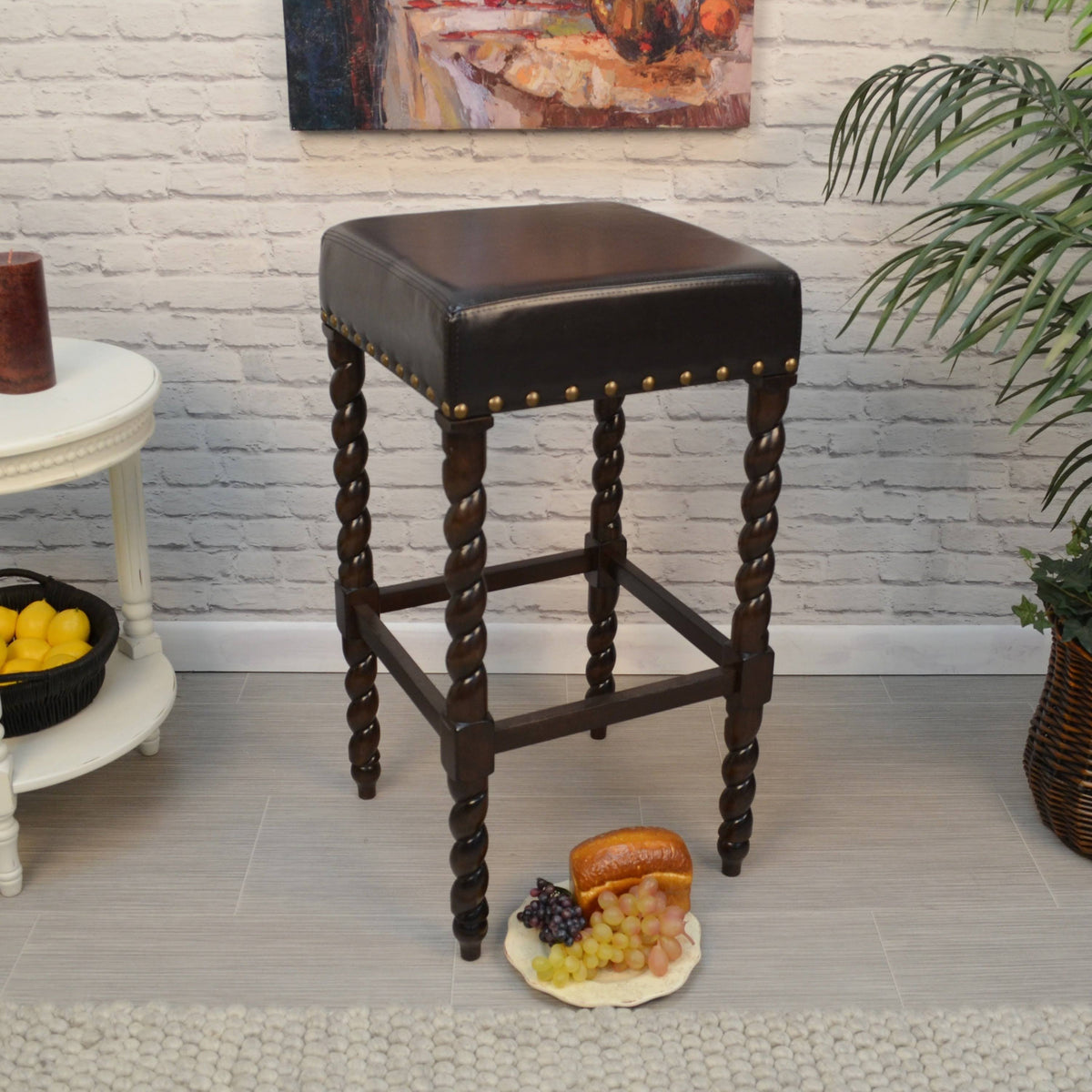 Cream Linen and Espresso Wood Twisted Leg Bar Stool Y11612