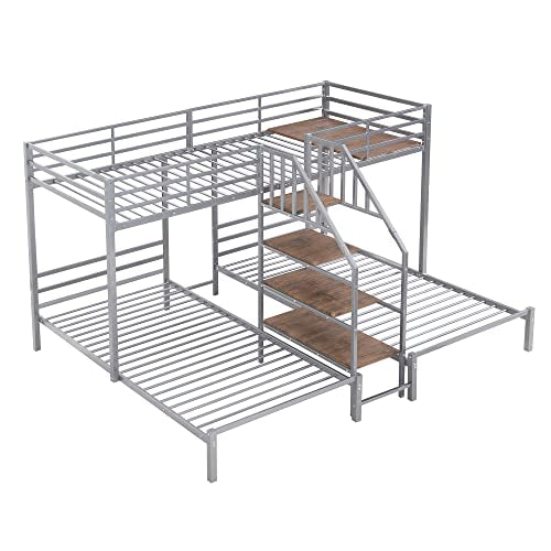 Full-Over-Twin-Twin Solid Wood Triple Bunk Bed with Wardrobe and Mirror (Grey) G25117