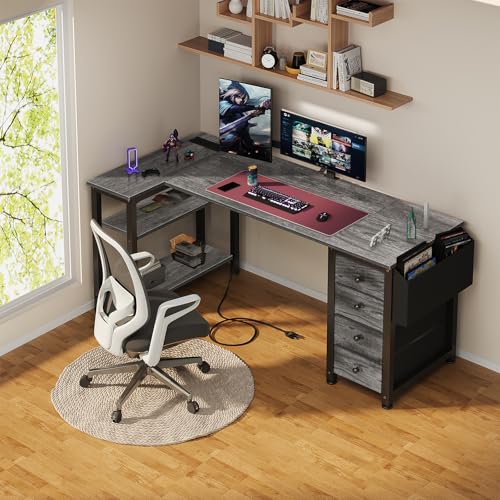 Black L Shaped Gaming Desk with Drawers & Storage Shelves, 47 Inch, Power Outlet B8460