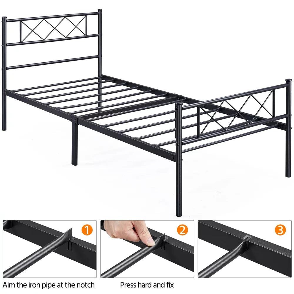 Black Twin Metal Slatted Bed Frame with Headboard Footboard C6289