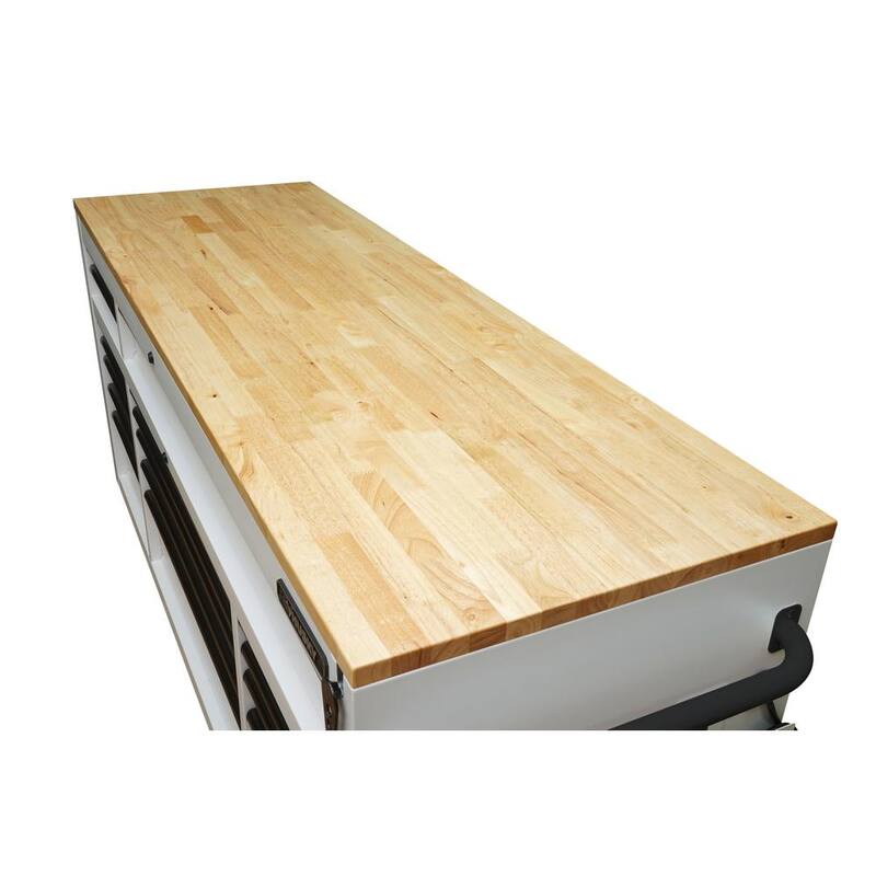 72 in. Heavy Duty Matte White Mobile Workbench Cabinet with Wood Top B472388