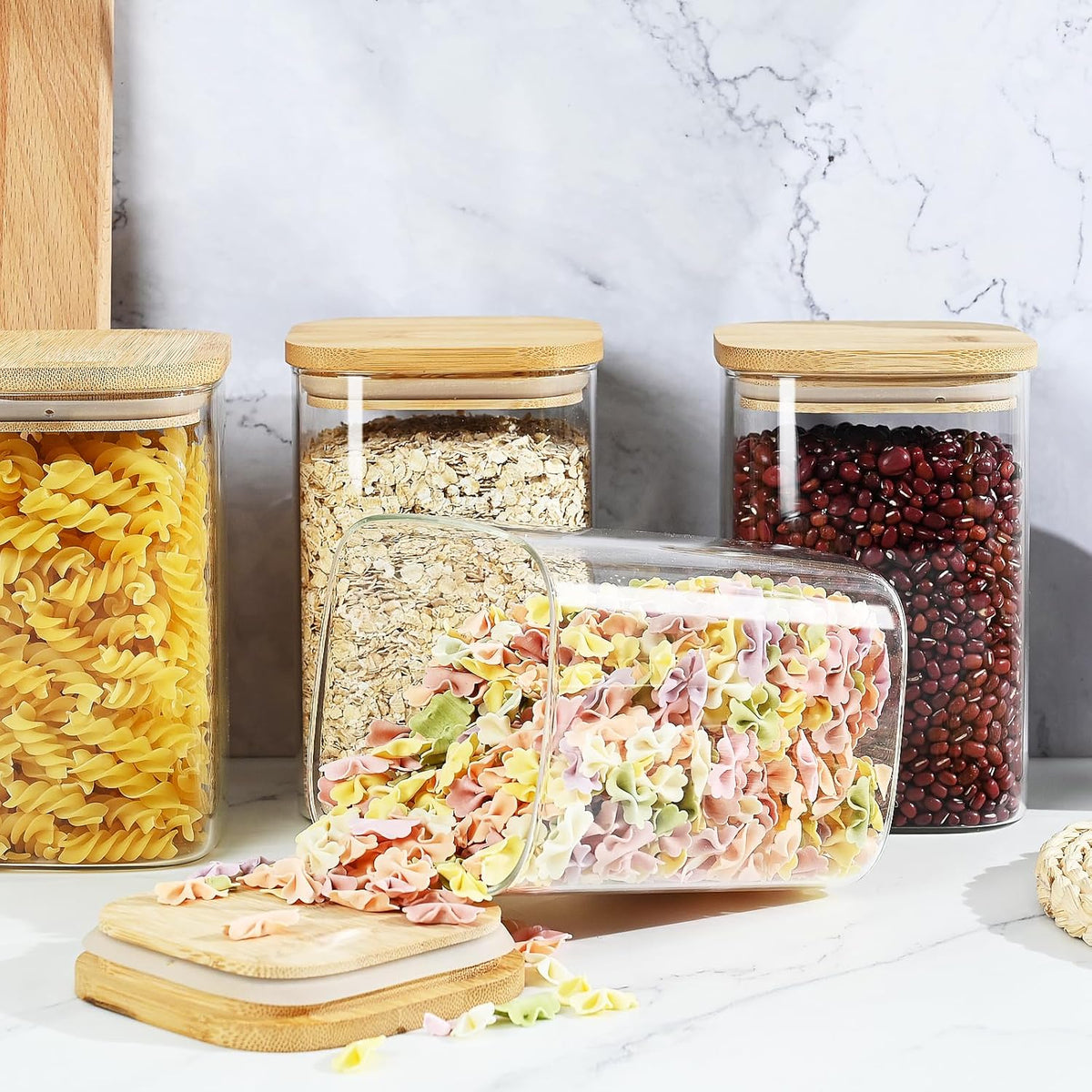 40oz Glass Food Storage Jars with Bamboo Lids, Clear Square Airtight Container Sets, Stackable Canisters (Set of 4) G485973