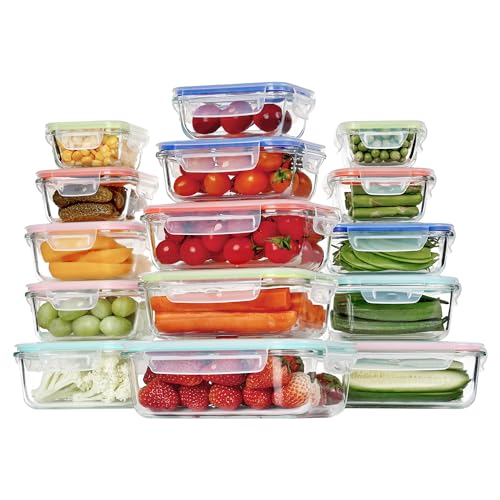15 Pack Glass Food Storage Containers with Airtight Leak Proof Lids O819016