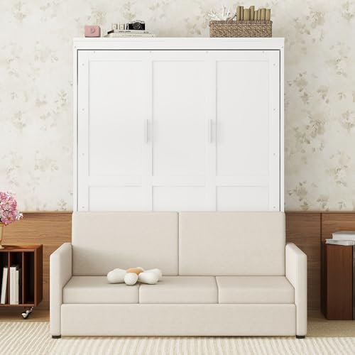Queen Size Murphy Bed with Sofa and Top Shelf White A87712