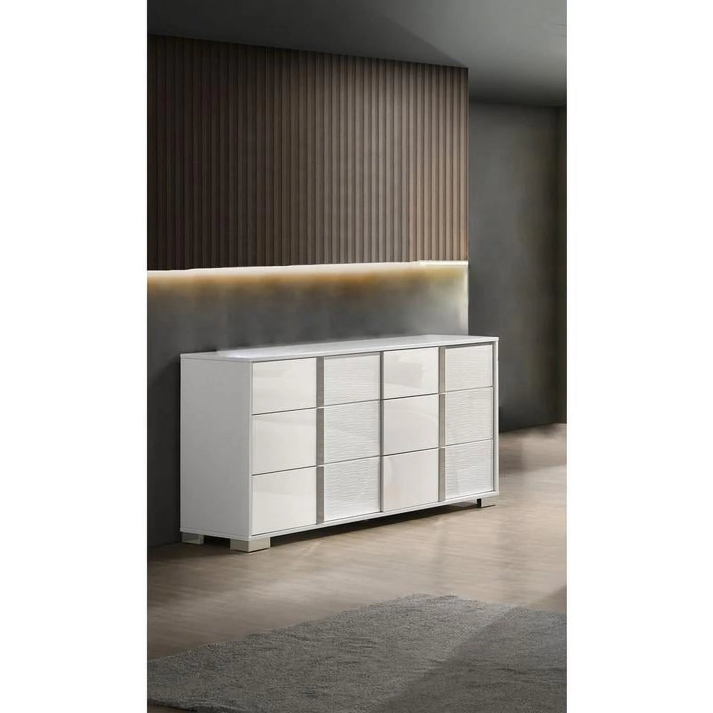 White Wood 6 Drawer Dresser with Metal Trim N8523