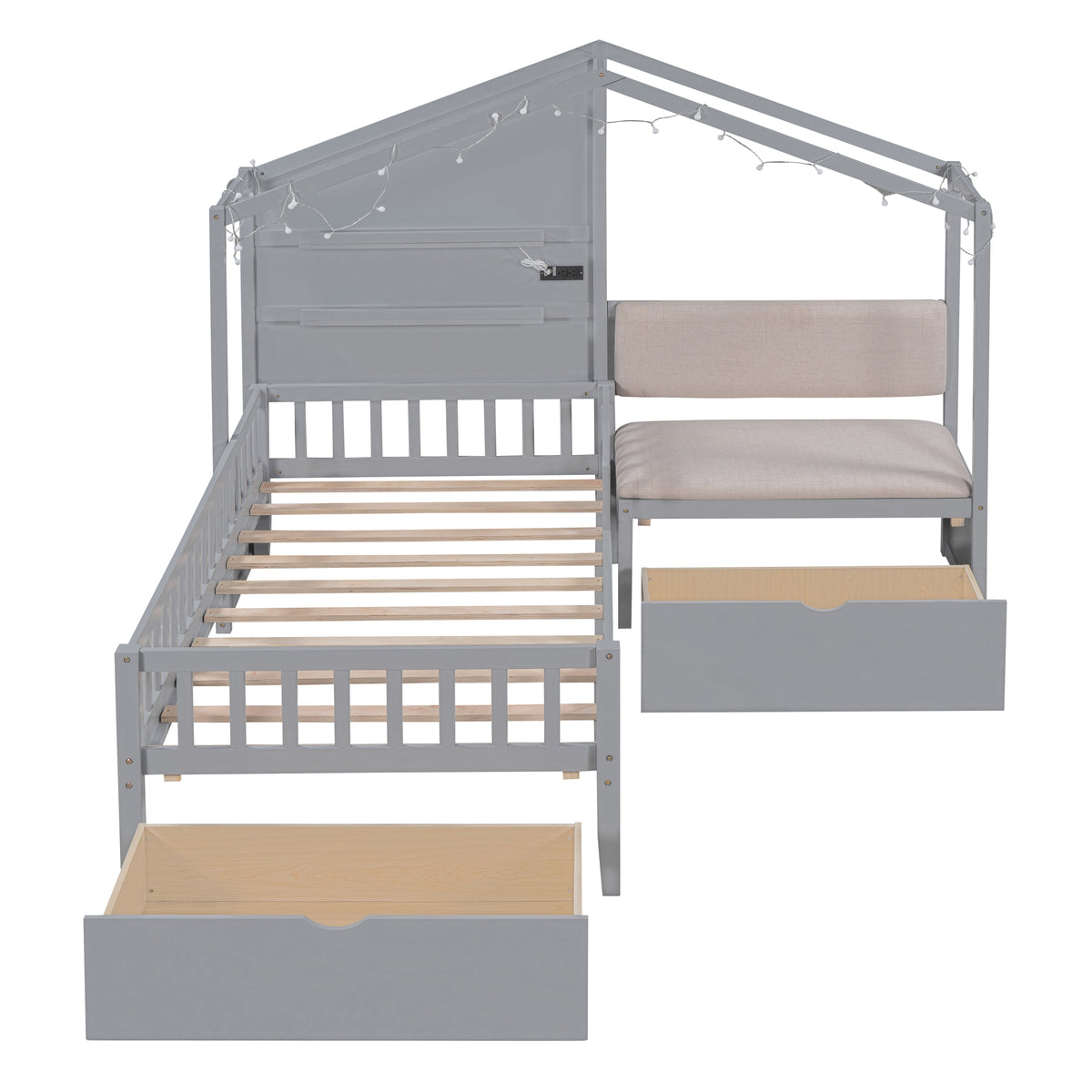 Twin Size House Bed with Upholstered Sofa, Charging Station, Shelves and Two Drawers, Gray Y778429