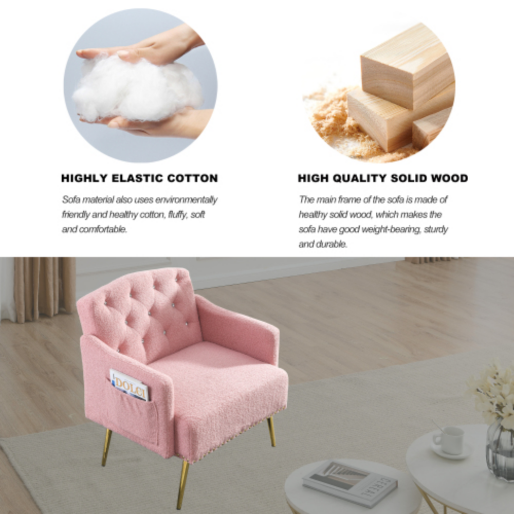 Pink Teddy Upholstered Chesterfield Chair with Gold Hardware Legs H457