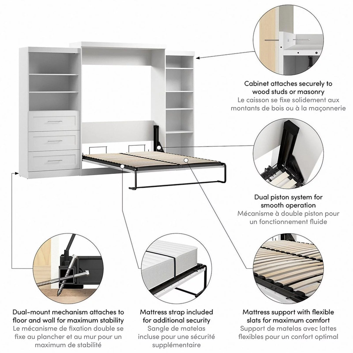 White Wood Queen Storage Wall Bed I599